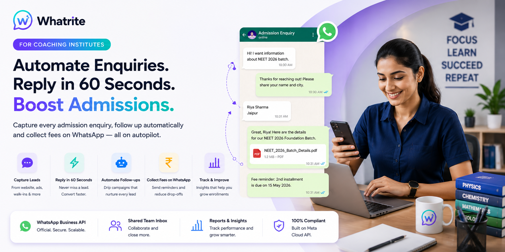 Coaching institute counsellor handling admission enquiries on WhatsApp